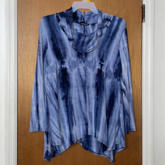 •CHACHAVENTE•BLUE/WHITE TIE DYE RAYON/SPANDEX COWL NECK LIGHTWEIGHT FLOWY TOP 1X - Picture 4 of 7